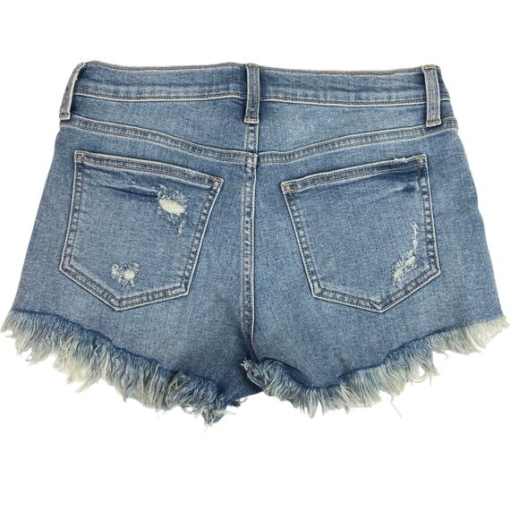 Fashion Nova Blue Denim Mid Rise Distressed Frayed Raw Hem Jean Walk Shorts Sz M - Picture 2 of 4